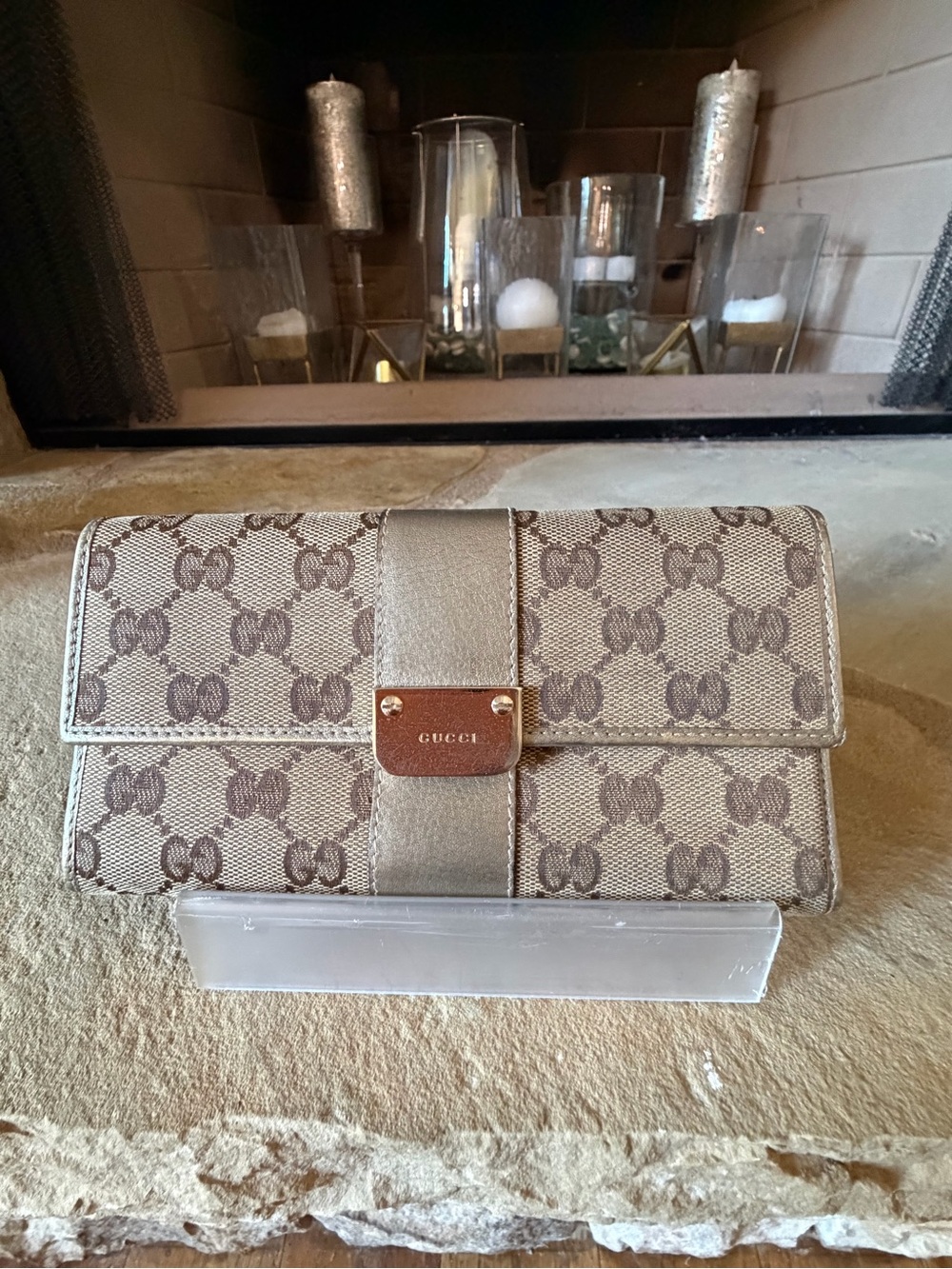 Gucci Brown Beige GG Canvas Continental Wallet with Gold Plaque
